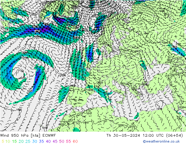 Wind 950 hPa ECMWF Čt 30.05.2024 12 UTC