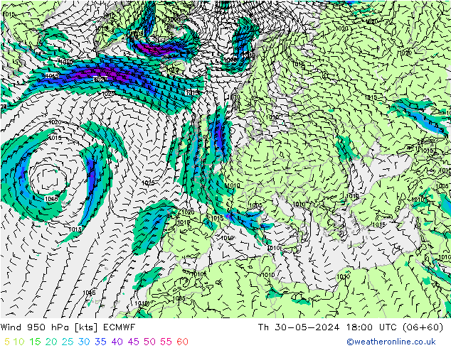 wiatr 950 hPa ECMWF czw. 30.05.2024 18 UTC