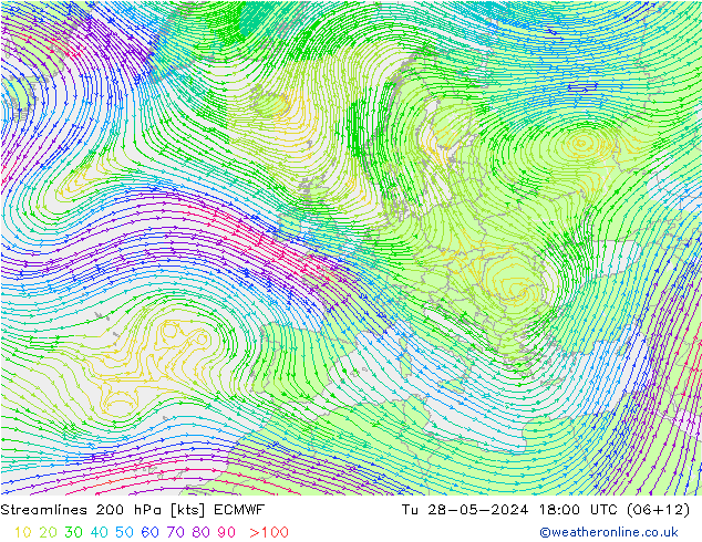 Linia prądu 200 hPa ECMWF wto. 28.05.2024 18 UTC