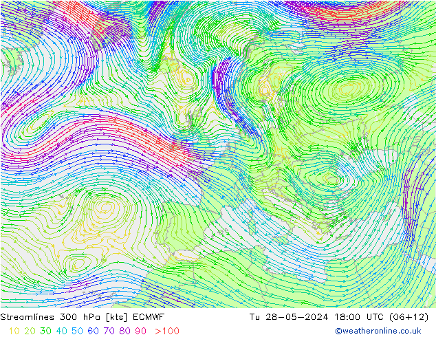 Streamlines 300 hPa ECMWF Tu 28.05.2024 18 UTC