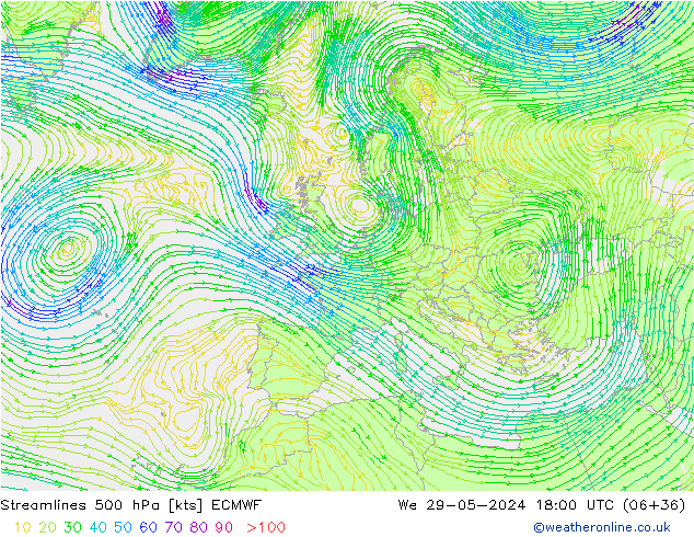 Stroomlijn 500 hPa ECMWF wo 29.05.2024 18 UTC