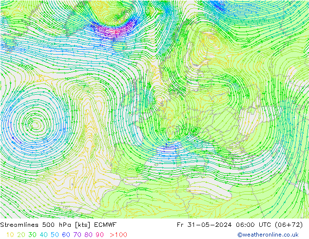 Linea di flusso 500 hPa ECMWF ven 31.05.2024 06 UTC