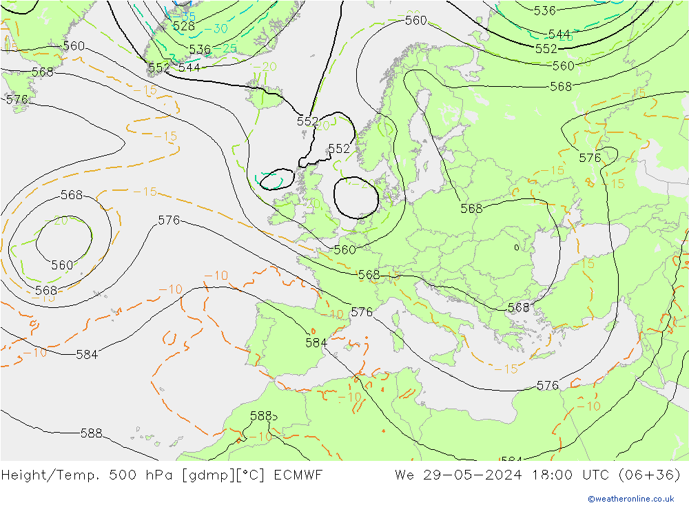 Hoogte/Temp. 500 hPa ECMWF wo 29.05.2024 18 UTC