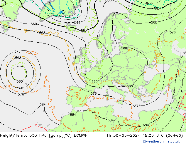 Z500/Rain (+SLP)/Z850 ECMWF Čt 30.05.2024 18 UTC