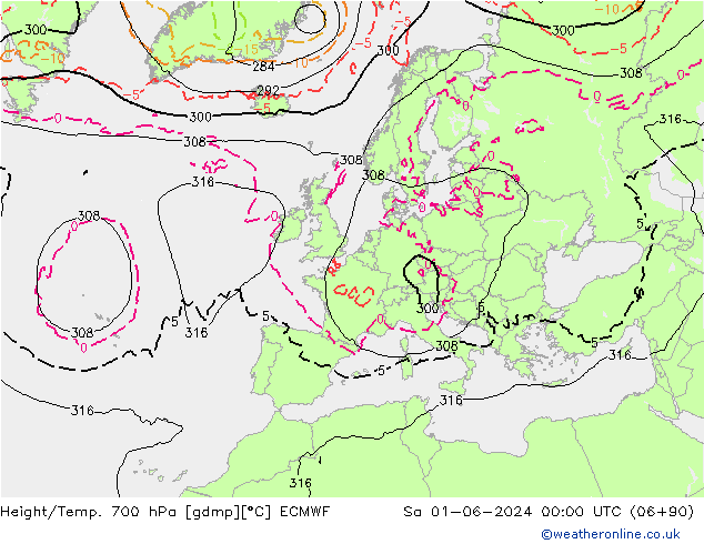 Hoogte/Temp. 700 hPa ECMWF za 01.06.2024 00 UTC