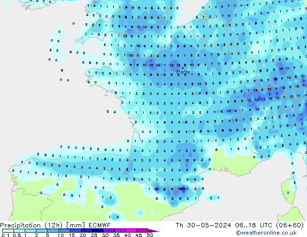 Precipitation (12h) ECMWF Th 30.05.2024 18 UTC