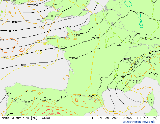 Theta-e 850hPa ECMWF Ter 28.05.2024 09 UTC