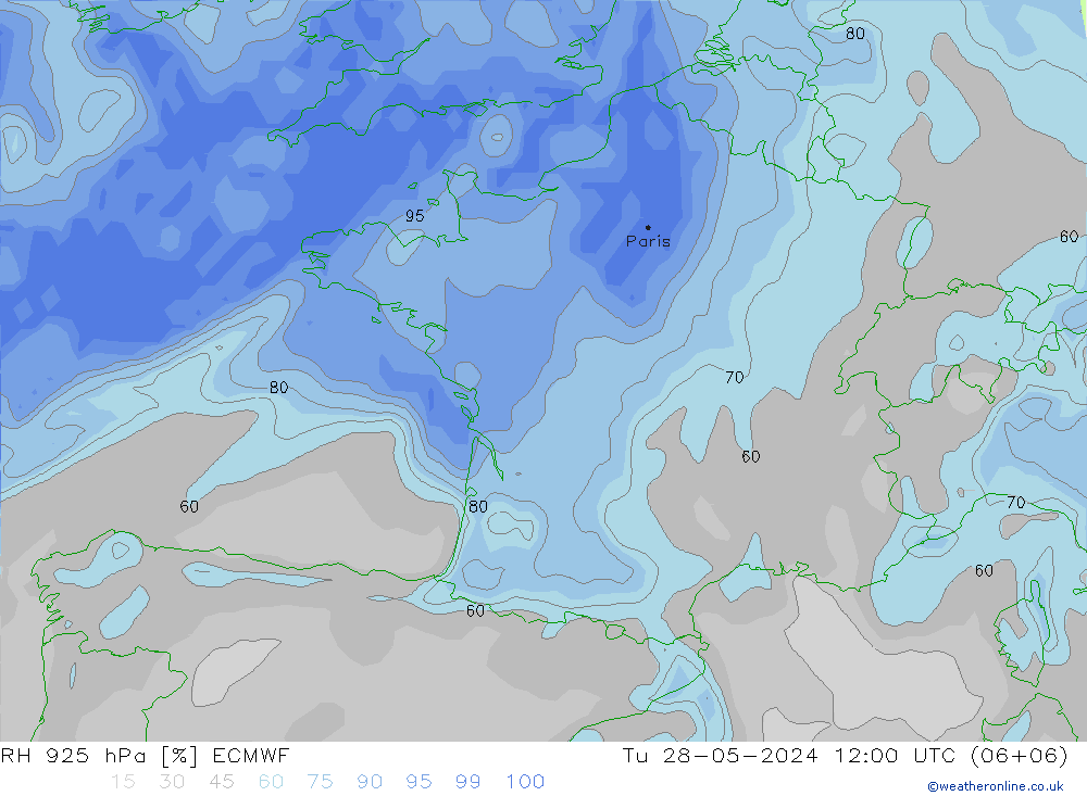 RH 925 hPa ECMWF mar 28.05.2024 12 UTC