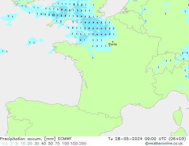 Precipitation accum. ECMWF Ter 28.05.2024 09 UTC