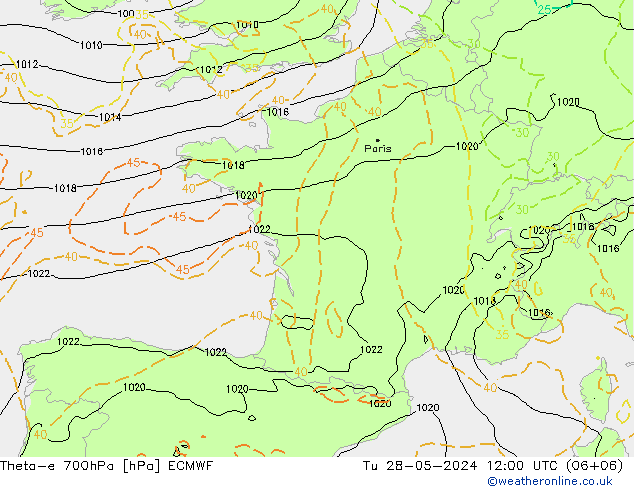 Theta-e 700hPa ECMWF wto. 28.05.2024 12 UTC