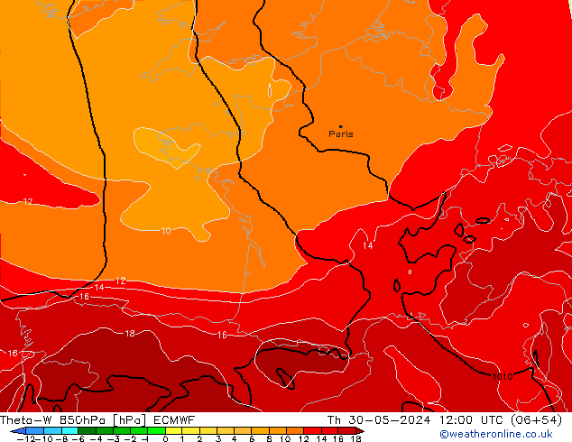 Theta-W 850hPa ECMWF Qui 30.05.2024 12 UTC