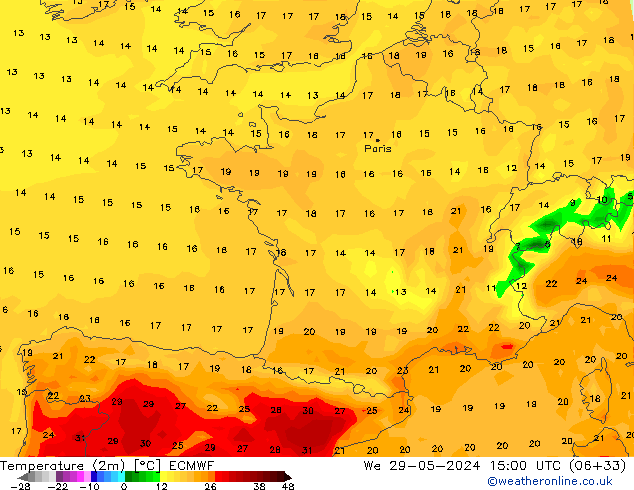 Temperaturkarte (2m) ECMWF Mi 29.05.2024 15 UTC