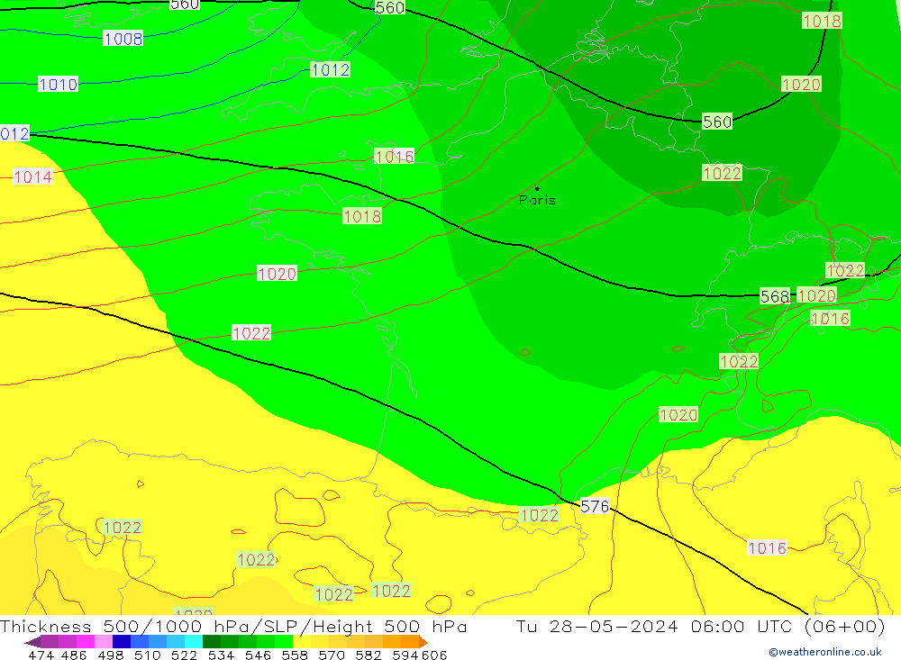 Schichtdicke 500-1000 hPa ECMWF Di 28.05.2024 06 UTC