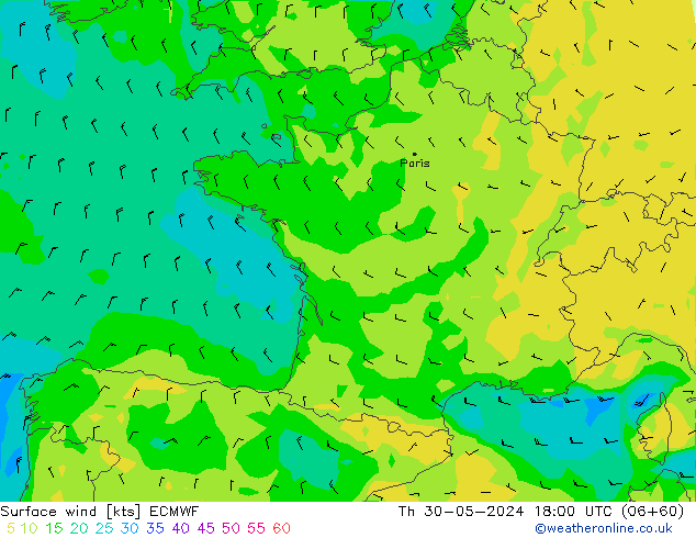 Vento 10 m ECMWF Qui 30.05.2024 18 UTC