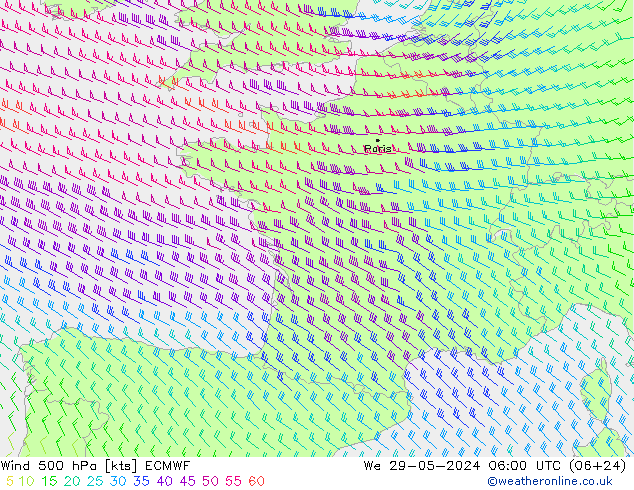 Wind 500 hPa ECMWF We 29.05.2024 06 UTC