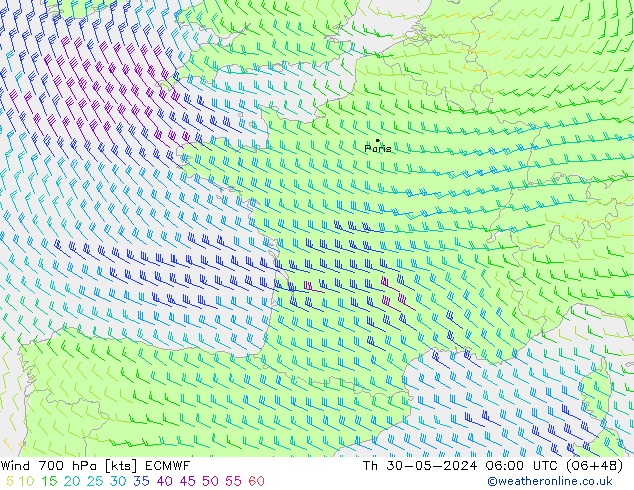 Wind 700 hPa ECMWF Th 30.05.2024 06 UTC