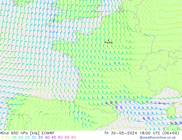 Vento 950 hPa ECMWF Qui 30.05.2024 18 UTC