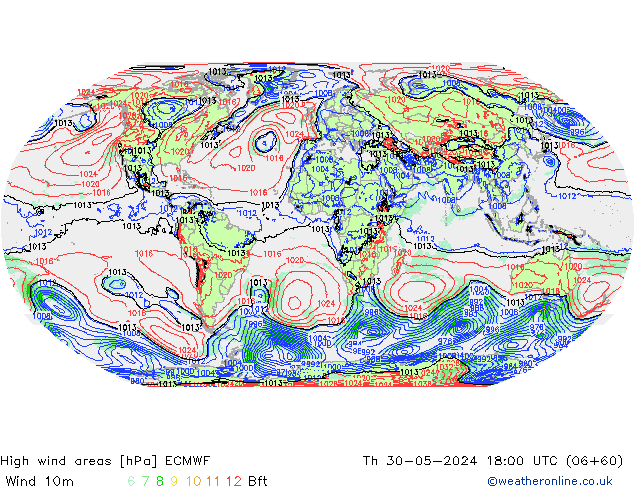High wind areas ECMWF Th 30.05.2024 18 UTC