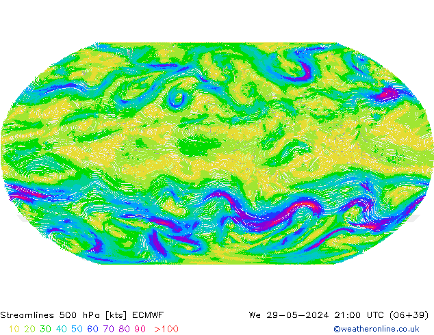 Linha de corrente 500 hPa ECMWF Qua 29.05.2024 21 UTC