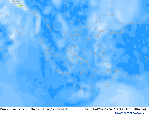 Deep layer shear (0-1km) ECMWF пт 31.05.2024 18 UTC