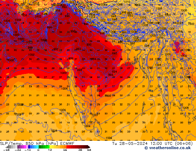 SLP/Temp. 850 hPa ECMWF  28.05.2024 12 UTC