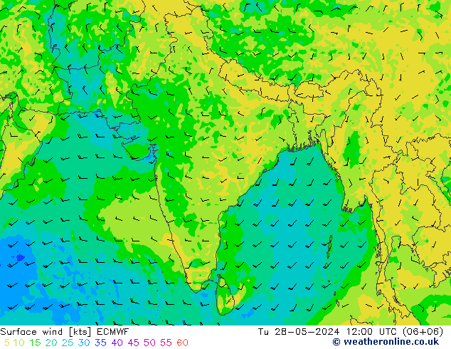 wiatr 10 m ECMWF wto. 28.05.2024 12 UTC