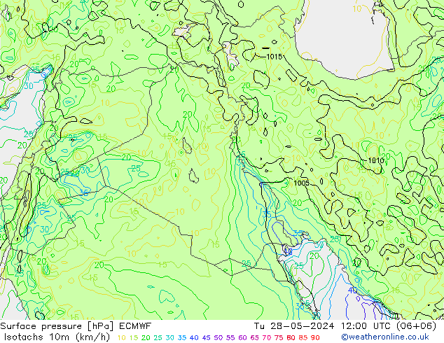 Isotachs (kph) ECMWF Tu 28.05.2024 12 UTC