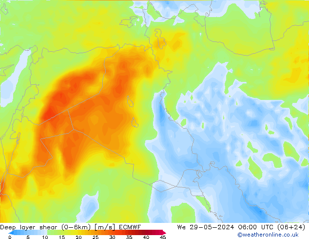 Deep layer shear (0-6km) ECMWF mer 29.05.2024 06 UTC