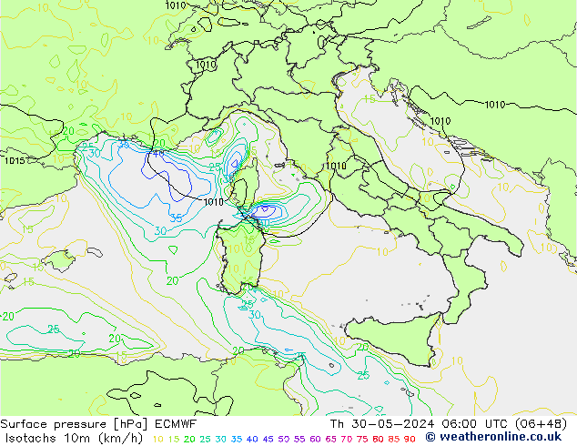 Isotachs (kph) ECMWF Qui 30.05.2024 06 UTC