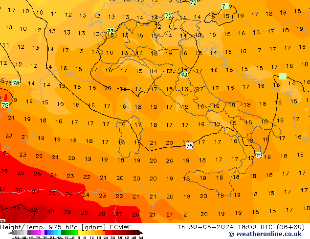 Height/Temp. 925 hPa ECMWF Th 30.05.2024 18 UTC