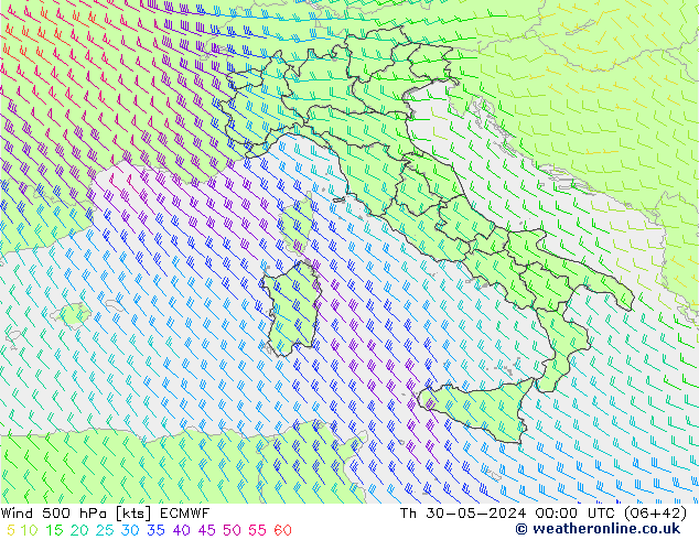 Wind 500 hPa ECMWF Čt 30.05.2024 00 UTC