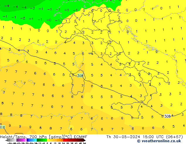 Height/Temp. 700 hPa ECMWF Th 30.05.2024 15 UTC