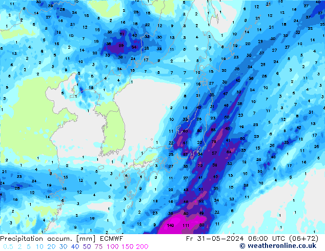 Precipitation accum. ECMWF Fr 31.05.2024 06 UTC