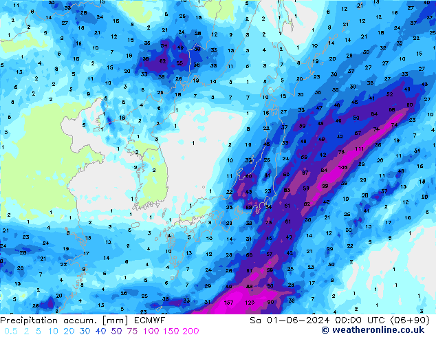 Precipitation accum. ECMWF Sa 01.06.2024 00 UTC