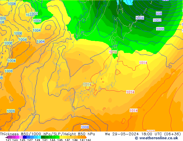 Espesor 850-1000 hPa ECMWF mié 29.05.2024 18 UTC