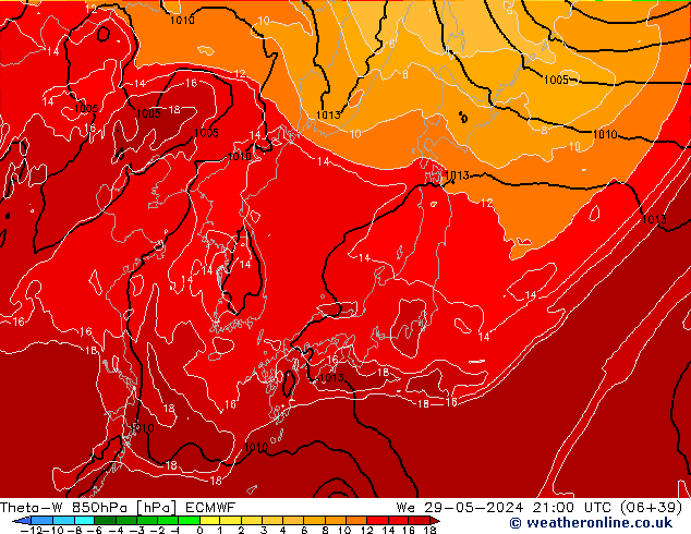 Theta-W 850гПа ECMWF ср 29.05.2024 21 UTC