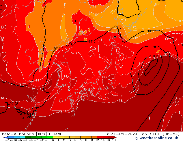 Theta-W 850hPa ECMWF Fr 31.05.2024 18 UTC