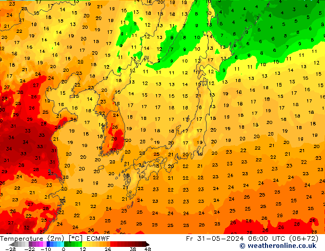 Temperature (2m) ECMWF Fr 31.05.2024 06 UTC