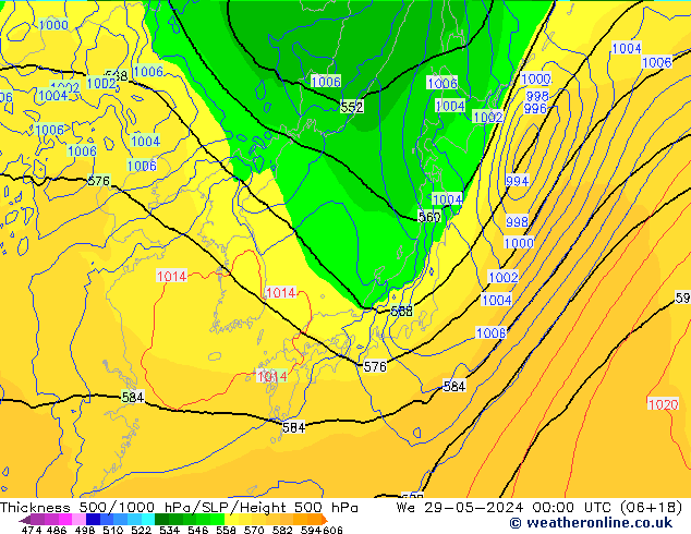 Espesor 500-1000 hPa ECMWF mié 29.05.2024 00 UTC