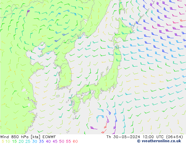 wiatr 850 hPa ECMWF czw. 30.05.2024 12 UTC