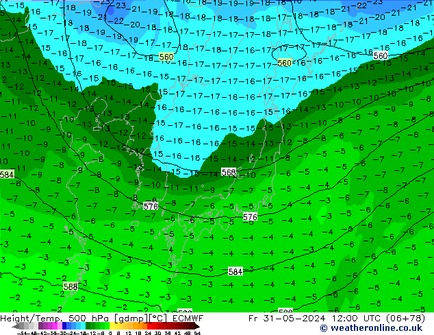 Géop./Temp. 500 hPa ECMWF ven 31.05.2024 12 UTC