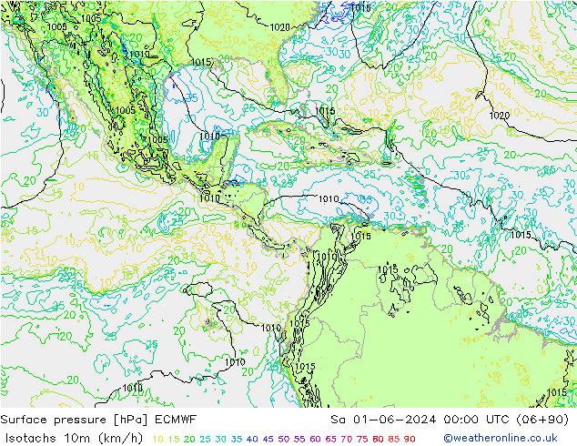 Isotachs (kph) ECMWF Sa 01.06.2024 00 UTC