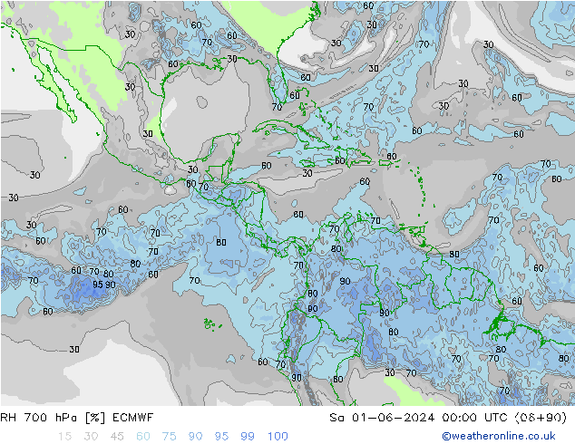 RH 700 гПа ECMWF сб 01.06.2024 00 UTC