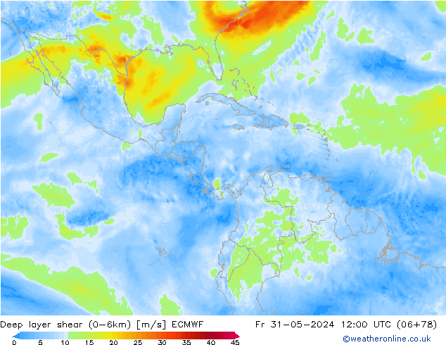 Deep layer shear (0-6km) ECMWF Sex 31.05.2024 12 UTC