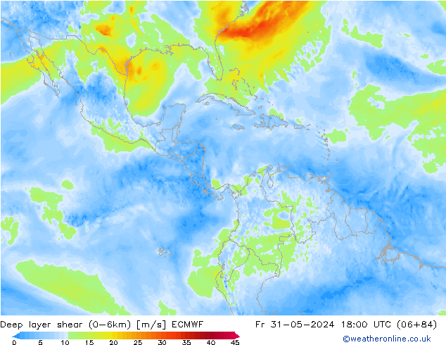 Deep layer shear (0-6km) ECMWF Pá 31.05.2024 18 UTC