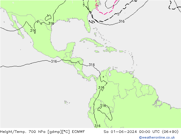 Height/Temp. 700 hPa ECMWF so. 01.06.2024 00 UTC