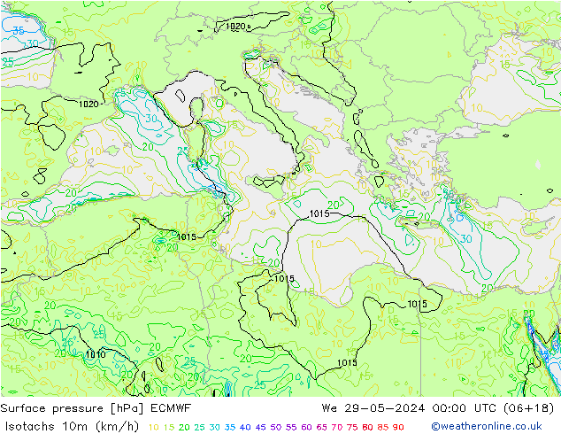 Isotachs (kph) ECMWF  29.05.2024 00 UTC