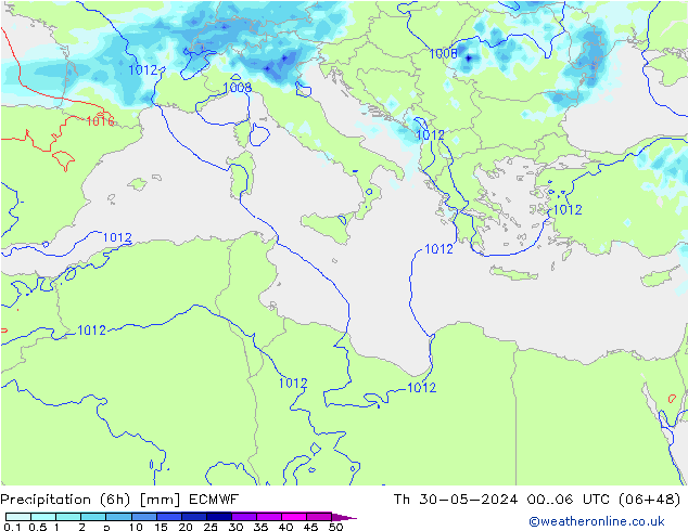 Precipitation (6h) ECMWF Čt 30.05.2024 06 UTC