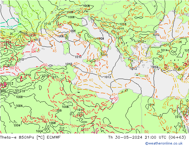 Theta-e 850hPa ECMWF gio 30.05.2024 21 UTC