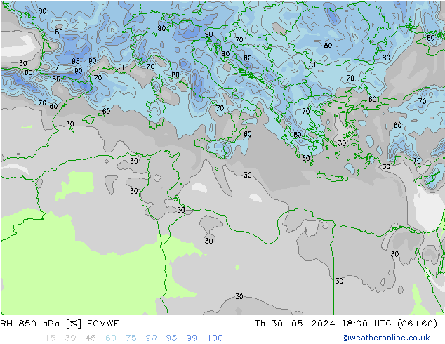 850 hPa Nispi Nem ECMWF Per 30.05.2024 18 UTC